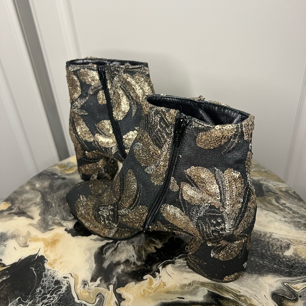Made in Italy Gold Brocade Sequin Ankle Boots Leather Sole - Picture 8 of 13
